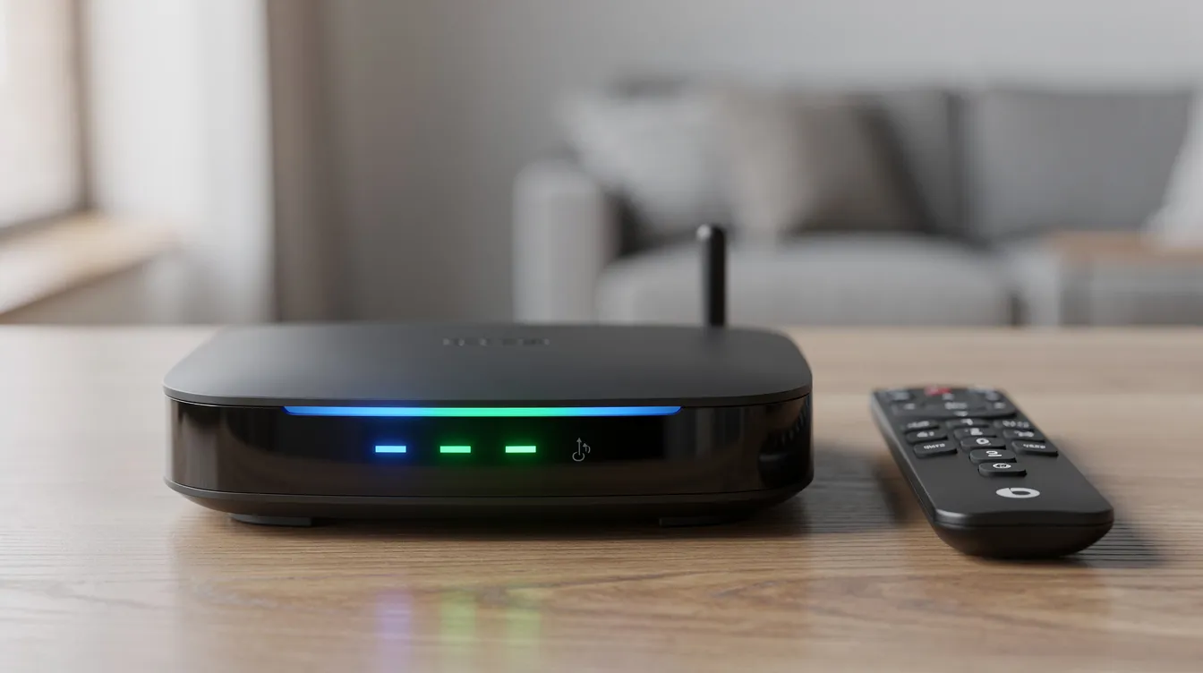 A close-up image of a wireless router with glowing indicator lights sits beside a streaming remote control, highlighting the essential equipment for accessing high-quality IPTV services and watching live TV channels. This setup ensures a stable internet connection for seamless streaming of your favorite shows and sports events.