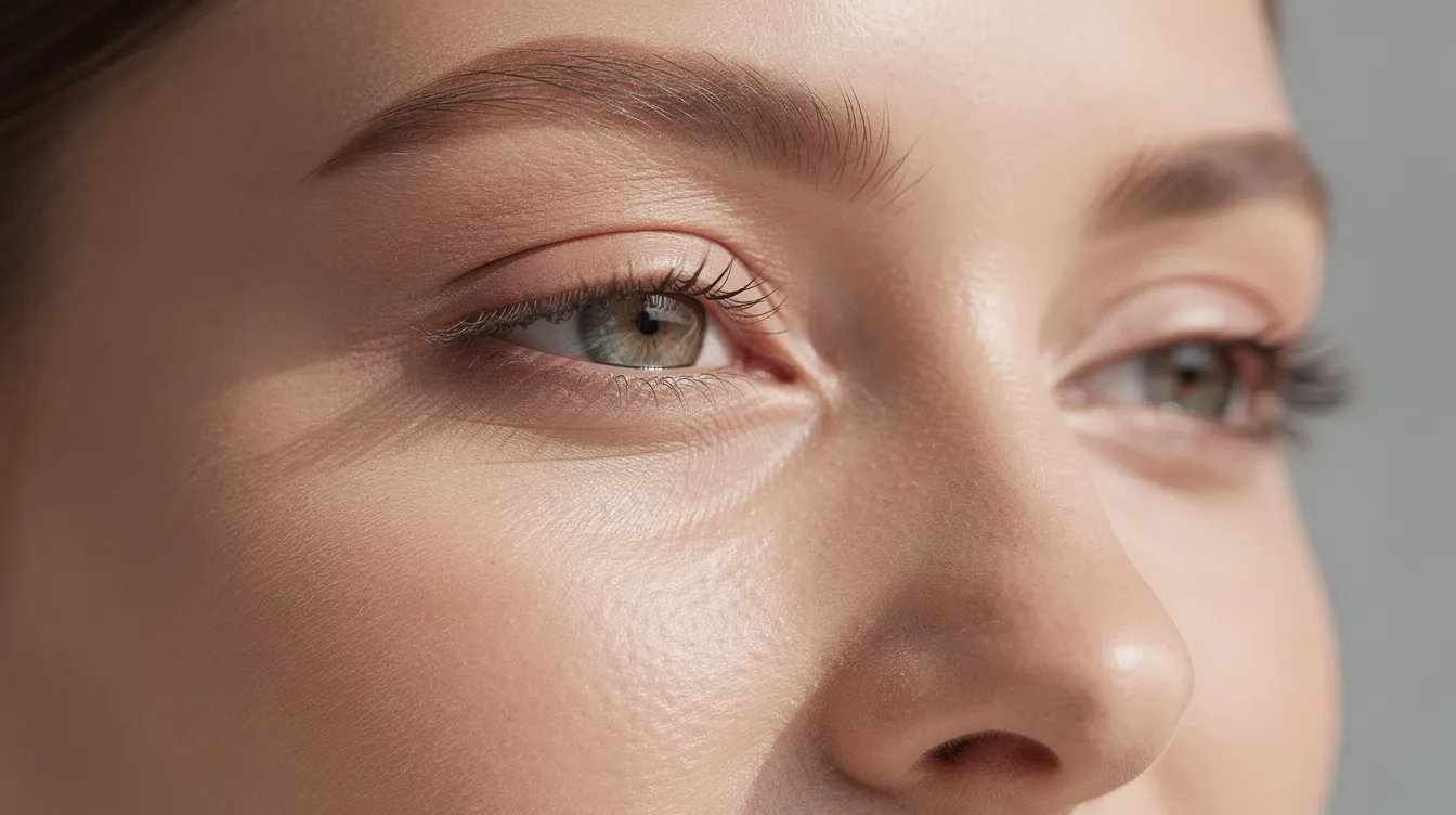 A close-up of a woman's face showcases her smooth, refreshed skin beneath the eyes, highlighting the results of lower blepharoplasty with fat transfer. The natural lighting accentuates her rejuvenated lower eyelids, reflecting the individual results of her cosmetic procedure.