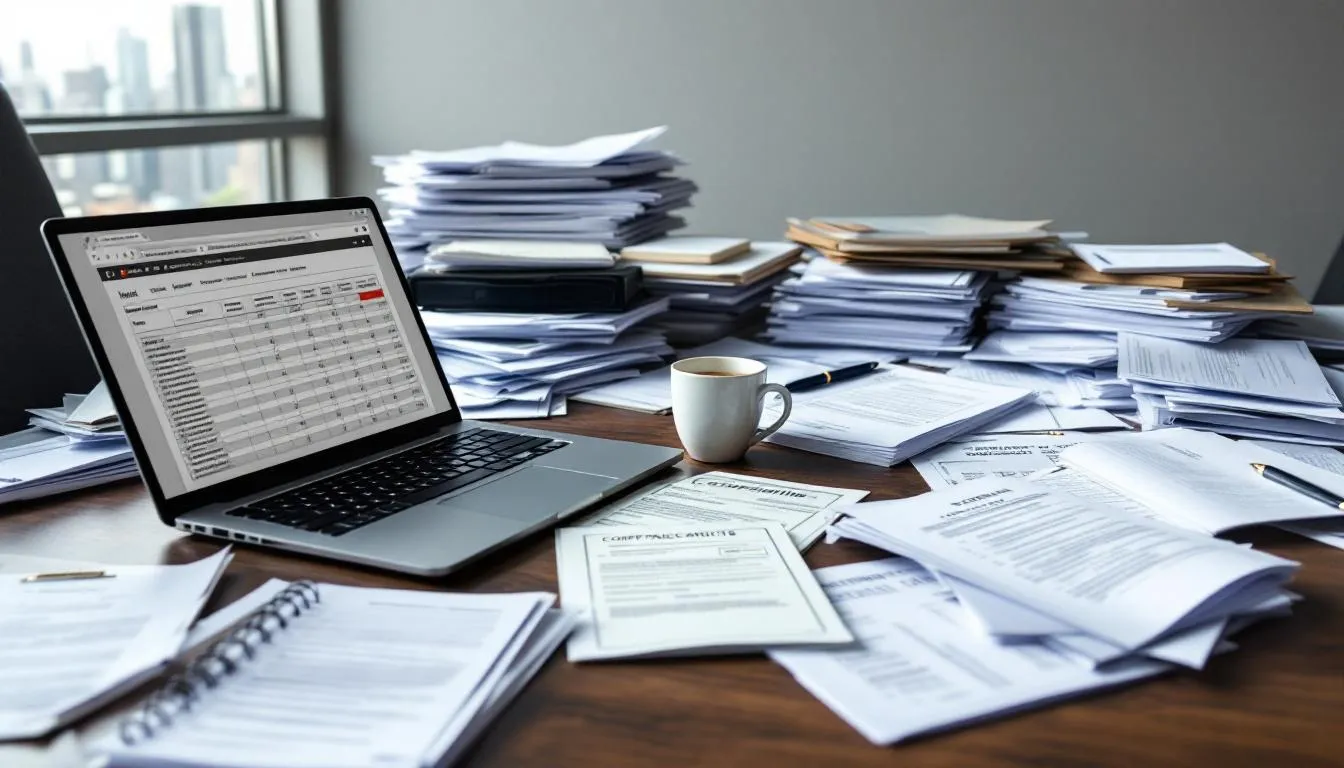 The image features a desk cluttered with various business documents and compliance certificates, essential for forex merchants and traders. These papers likely relate to payment solutions and international financial transactions, reflecting the complexities of managing forex merchant accounts in a competitive market.