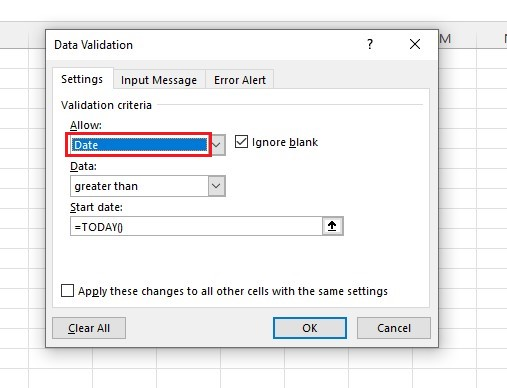 Choose Date from the Allow drop-down box in the settings tab.