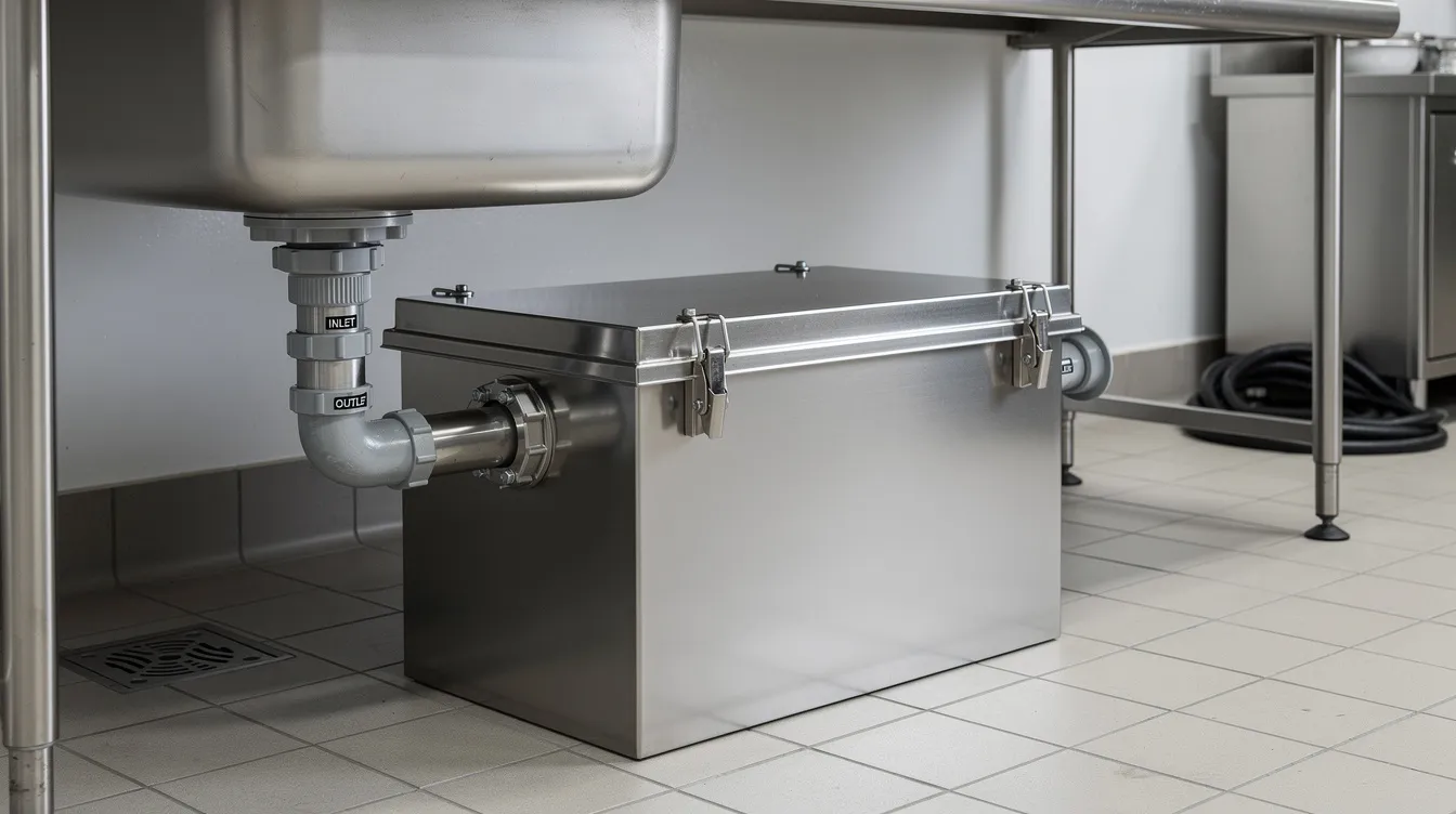 The image shows a stainless steel grease trap unit installed beneath a commercial kitchen sink, featuring visible inlet and outlet pipes, essential for effective grease management in food service establishments to prevent sewer blockages and comply with UK grease trap regulations. This installation is vital for maintaining hygiene standards and preventing environmental harm caused by accumulated grease and fats.