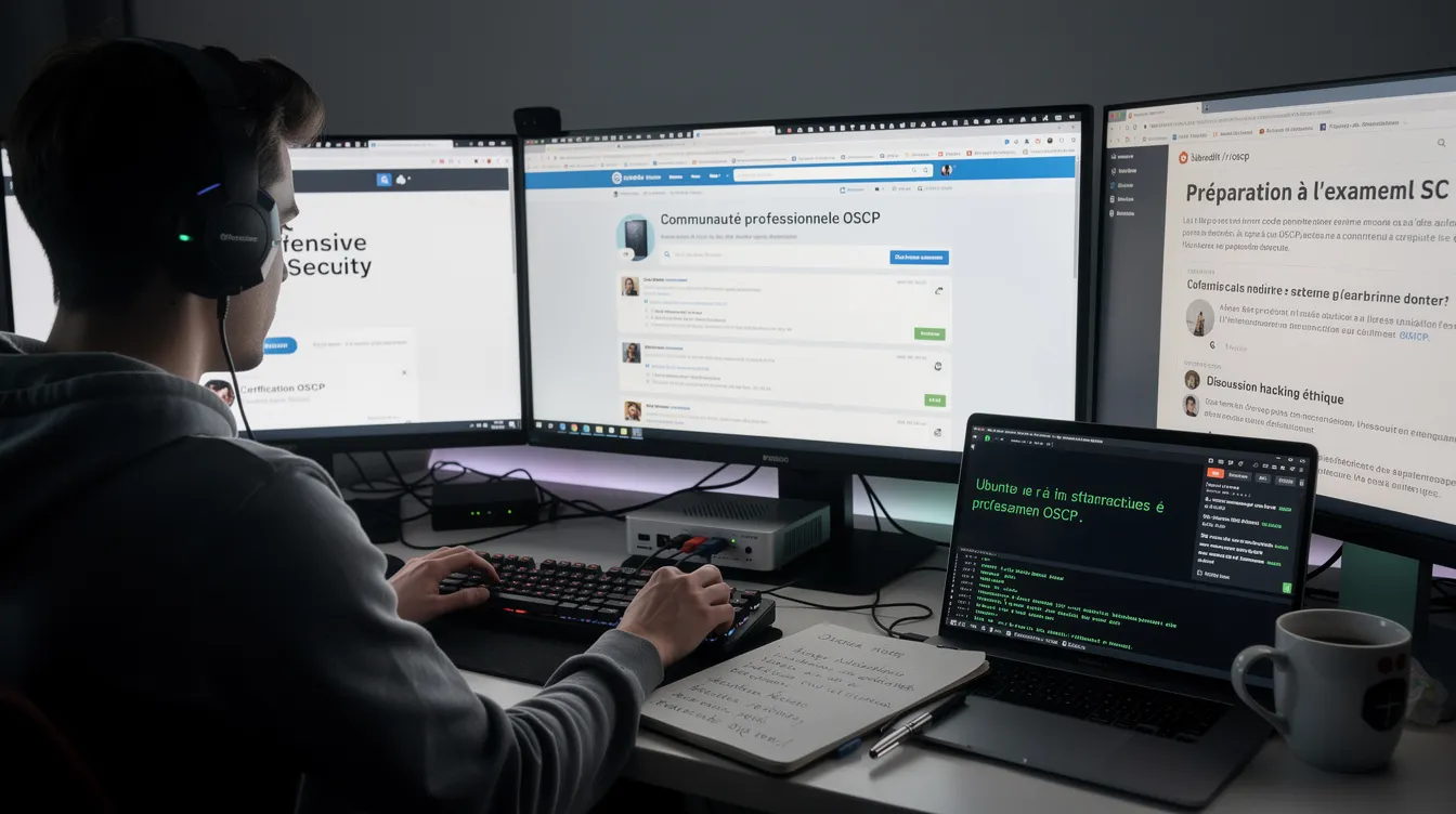 Une image représentant une communauté en ligne dédiée à la cybersécurité, où des professionnels échangent sur des sujets tels que l'examen OSCP, le hacking éthique et les tests d'intrusion. Les participants discutent des meilleures pratiques en matière de sécurité des systèmes d'information et partagent leurs expériences sur des plateformes comme Reddit et des forums spécialisés.