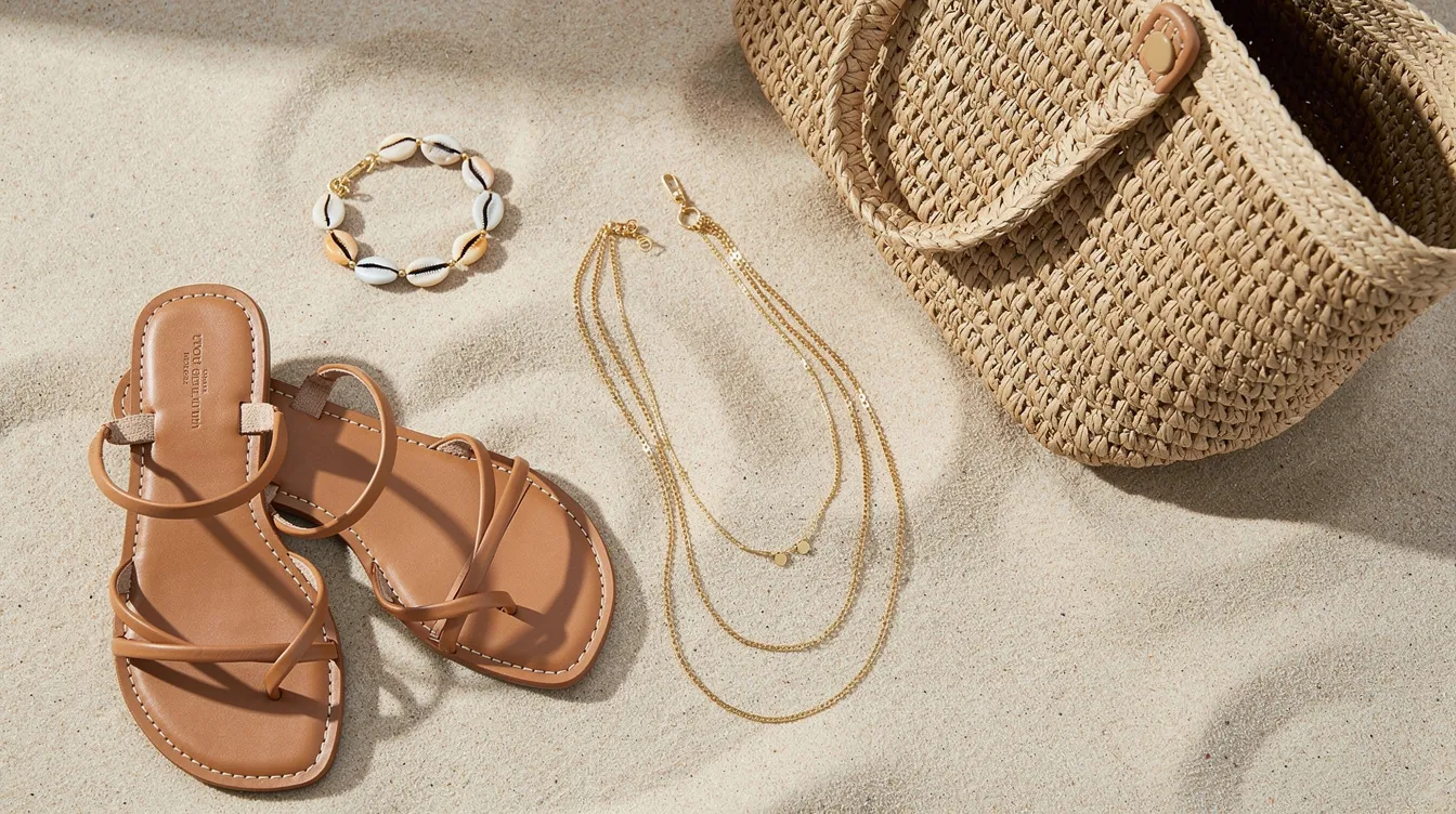 A stylish arrangement of flat leather sandals, a straw tote bag, gold layered necklaces, and a shell bracelet is displayed on a light sandy surface, perfect for a first date outfit or a casual coffee date. This combination showcases a personal style that balances comfort and confidence, making it an ideal choice for a summer date night.