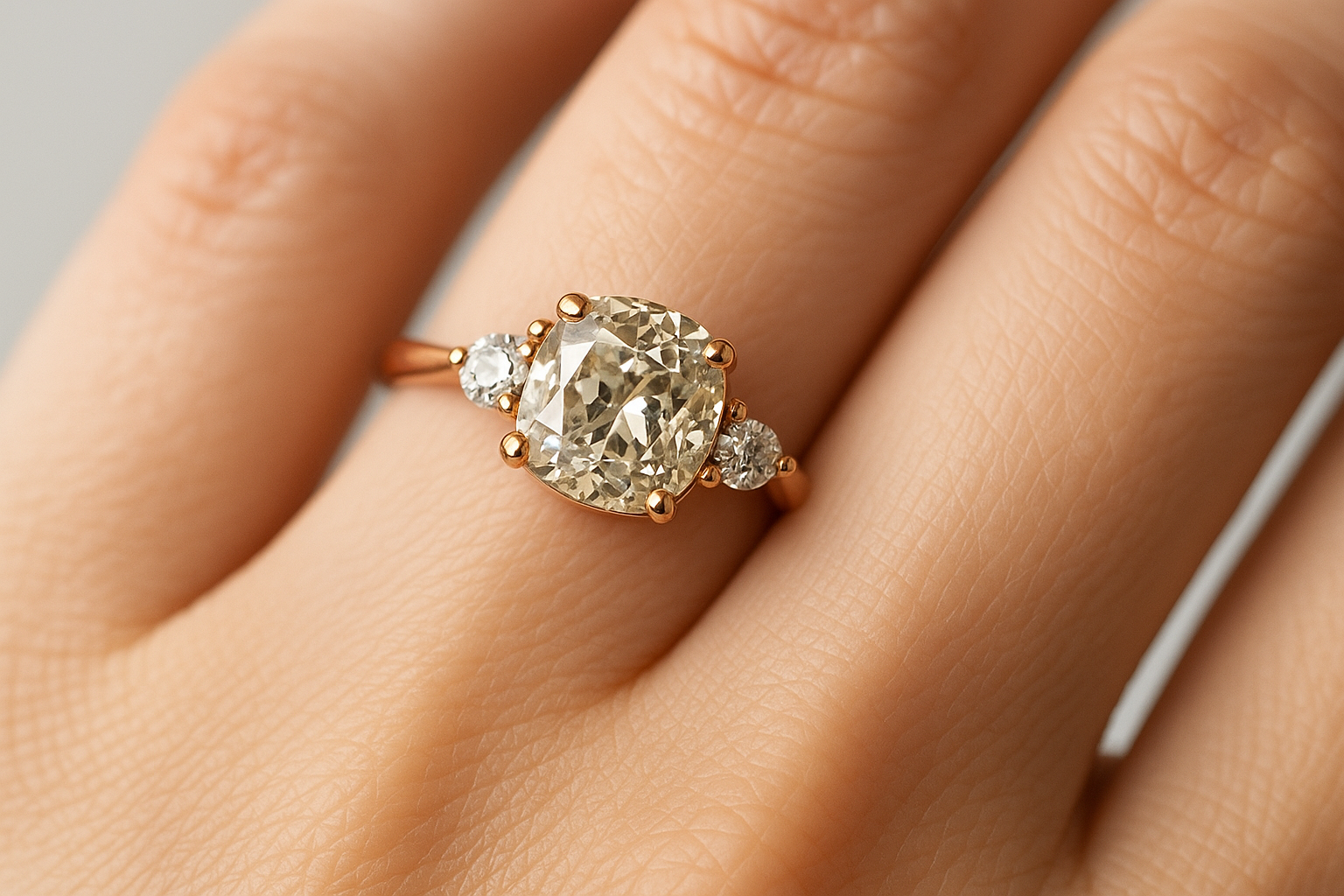 Raudono aukso vintazinio diziano sužadėtuvių žiedas su senovinės formos Old Mine deimantu