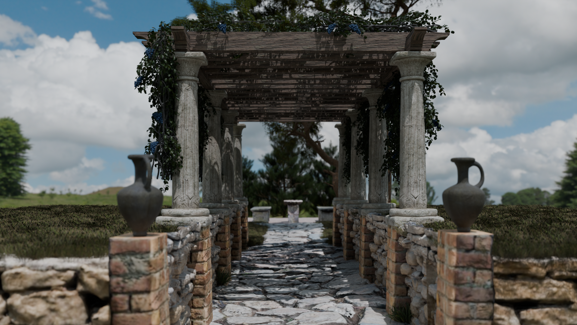 Classical Roman pergola made from stone and wood.