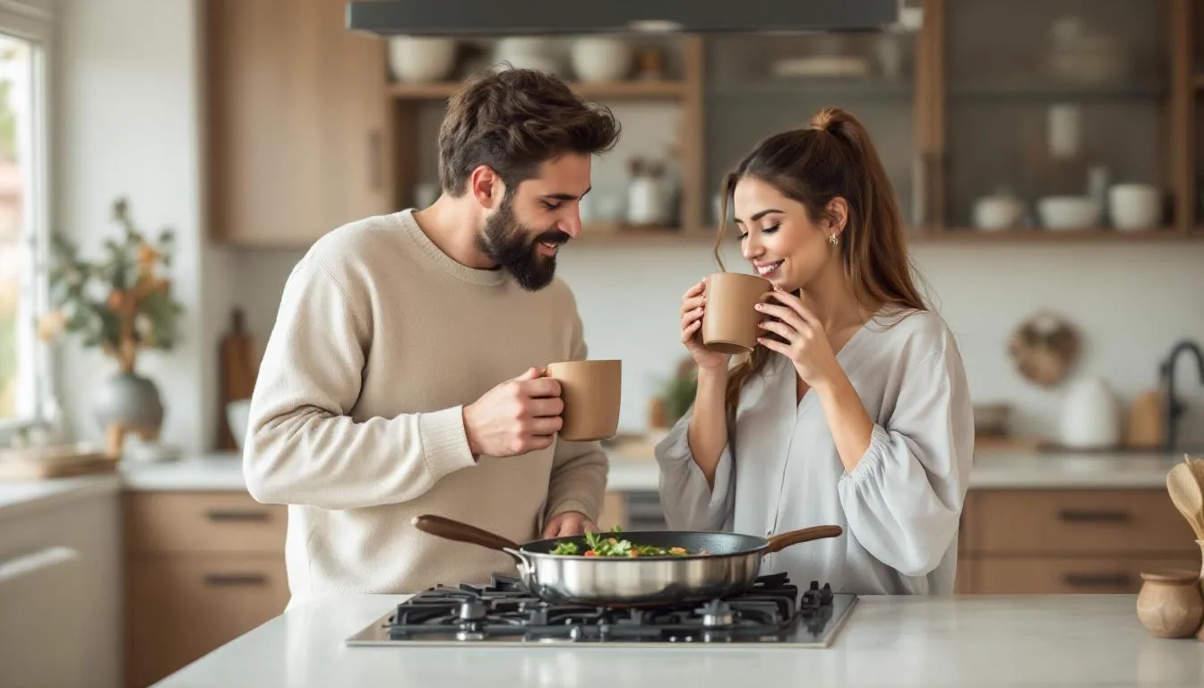 In a stylish kitchen with natural tones, a happy couple is cooking together, using non-stick pans while sipping from matching ceramic mugs, creating a casual and cozy atmosphere perfect for making lasting memories. This scene embodies the essence of thoughtful wedding gifts that couples will actually use every day.