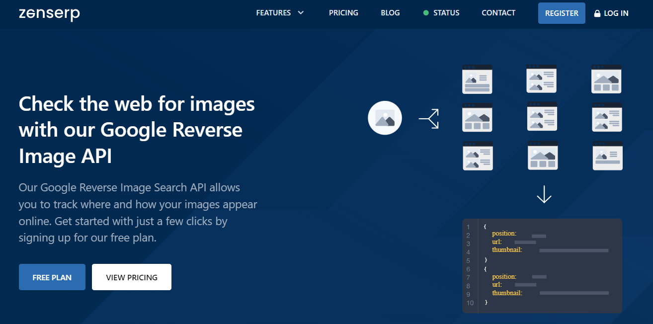 home page of the zenserp google reverse image search api