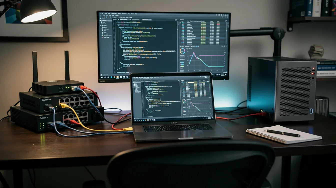 The image depicts a well-organized home office setup featuring a laptop, networking equipment, and a small server, ideal for a cybersecurity home lab. This environment reflects the practical application of cybersecurity skills and knowledge necessary for professionals pursuing certifications or a career in the cybersecurity field.