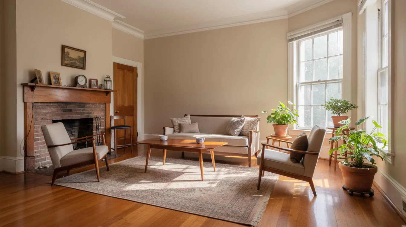 The image depicts a beautifully restored vintage living room showcasing refinished hardwood floors and tall ceilings, illuminated by natural light streaming through original double hung windows. This historic home renovation highlights the space's unique character and original features, creating a perfect blend of modern living and the charm of an old house.