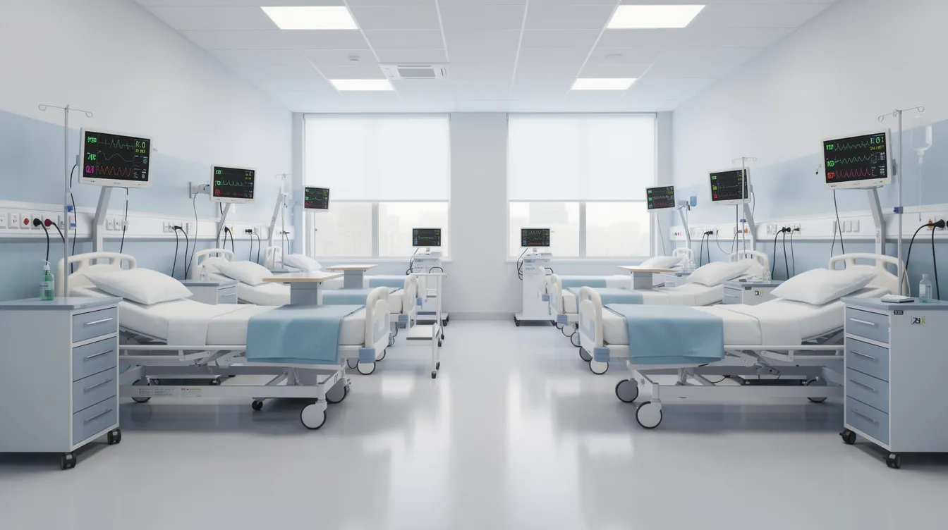 197f4c31 0783 4723 ae33 161b570717fa The image depicts a hospital ward featuring neatly arranged patient beds equipped with medical monitoring equipment, highlighting the healthcare infrastructure essential for providing proper treatment and support services in a multi-specialty hospital setting. This environment is designed to ensure patient safety and comfort while facilitating effective medical care and administrative services.