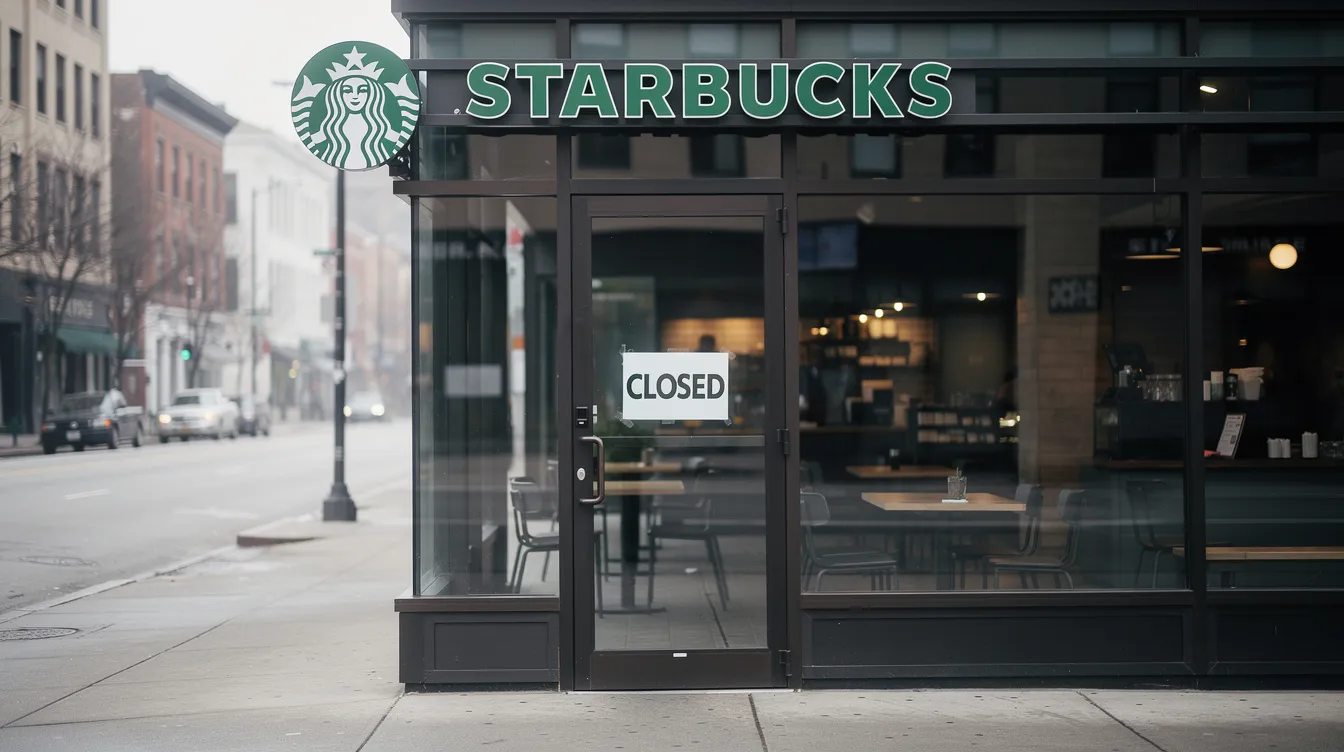 The image shows a Starbucks storefront with a "temporarily closed" sign hanging on the glass door, situated on a quiet street. The absence of customers emphasizes the stillness of the surroundings, highlighting the closure of the popular coffee shop.