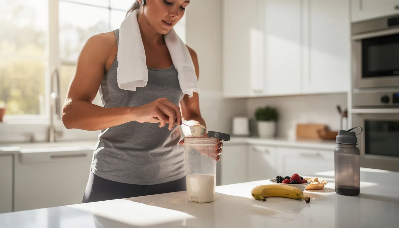 The image shows a person in a modern kitchen preparing a post-workout protein shake, surrounded by various dietary supplements including creatine powder. They are focused on mixing the shake, which is essential for muscle recovery and supporting muscle growth after high-intensity exercise.