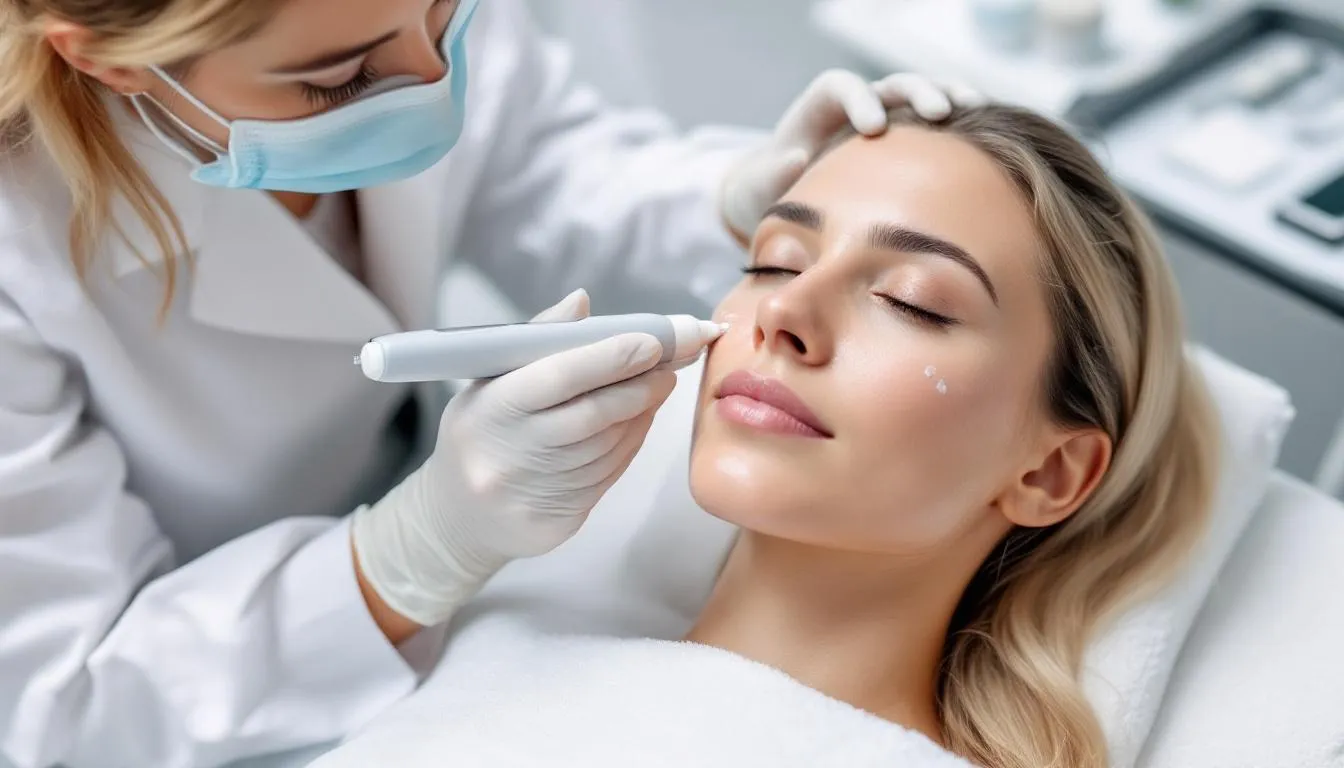 Ein professioneller Dermatologe führt eine Micro Needling Behandlung im Gesicht einer Patientin durch, wobei ein Needling Pen verwendet wird, um Mikroverletzungen im Hautgewebe zu erzeugen. Diese Methode fördert die Neubildung von Kollagen und verbessert das Hautbild, während die Patientin entspannt auf einer Liege liegt.