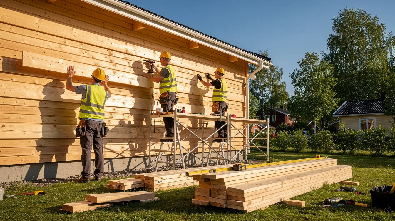 Kuvassa rakennustyöntekijät asentavat uutta vaakalaudoitusta vanhan puutalon julkisivuun kesäpäivänä. Työskentely tapahtuu rintamamiestalon remontissa, jossa ulkoverhouksen uusiminen on tärkeä osa talon kunnossapitoa.