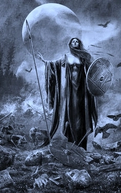 A black and white depiction of Morrigan over a battlefield as the wind blows through her hair during a full moon with a shield and spear in her hand.