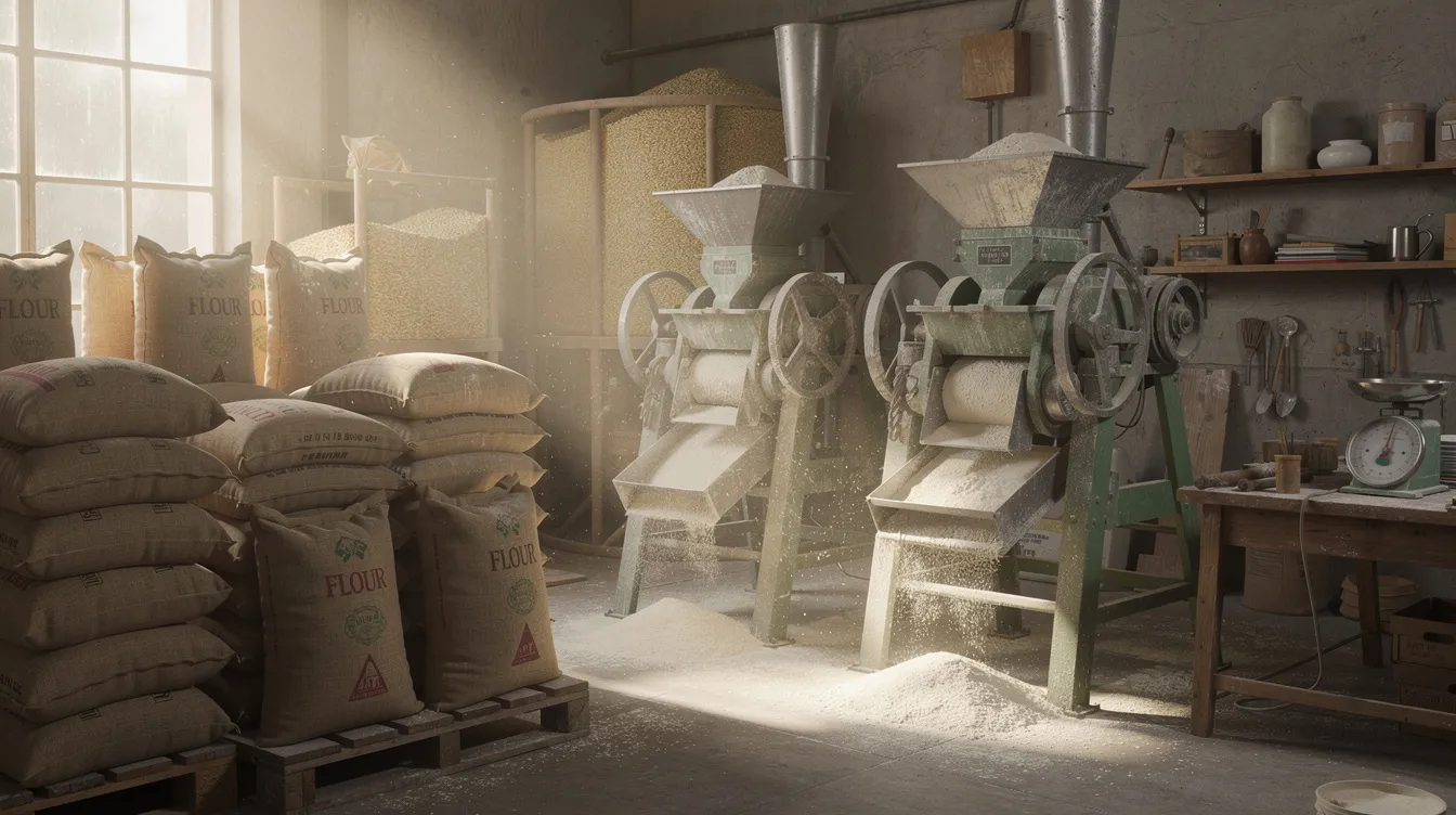 1988d43b 98eb 45d3 81da 864dc56a8a47 The image depicts a small flour mill workshop featuring grain processing machinery and stacked bags of flour, illustrating the operational aspect of micro and small businesses. This setting highlights the importance of financial assistance through schemes like the Pradhan Mantri Mudra Yojana, which supports entrepreneurs in accessing collateral-free loans for income-generating activities.