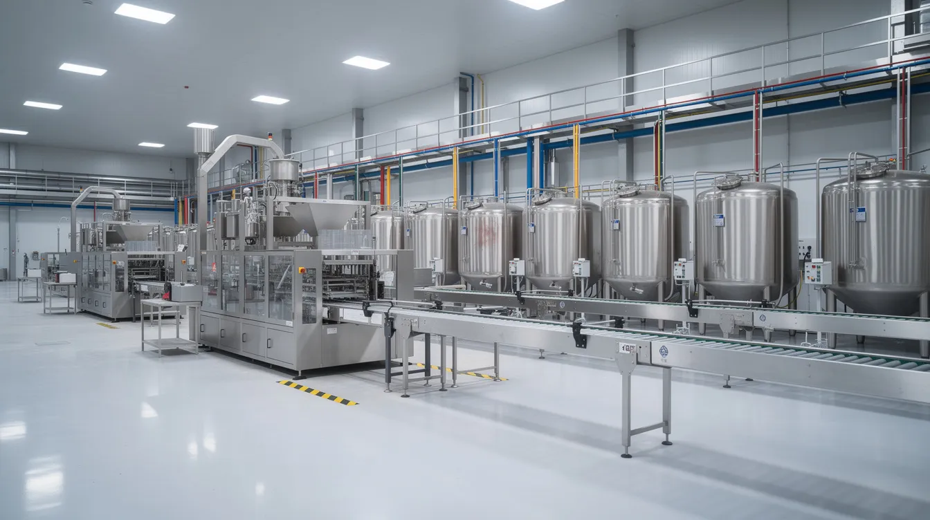 198a5649 addb 425c 8166 18b5dee24f53 The image depicts a modern food processing factory interior featuring stainless steel equipment, storage containers, and clean concrete floors, illustrating the efficient operations of a wheat flour production facility. This environment highlights the advanced machinery and automation level that contribute to consistent flour quality and high production capacity in the food processing industry.