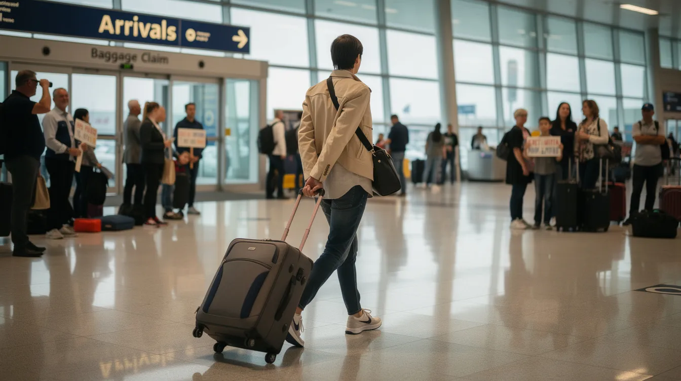 A person is seen walking through an airport arrivals terminal, pulling their luggage behind them. This scene captures the bustling environment where travelers, including non-EEA nationals, arrive in Ireland, navigating through immigration processes with valid passports and various visa permits.