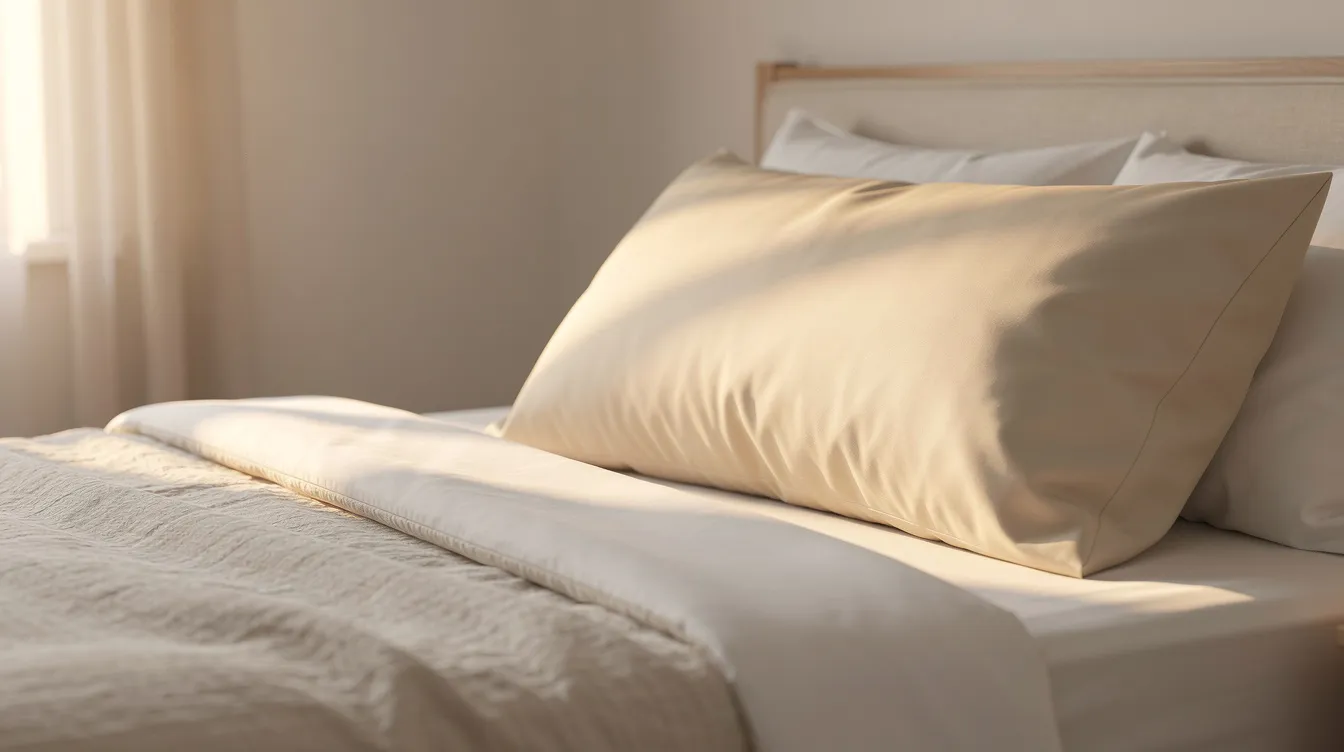 The image features a neatly made bed adorned with a smooth ivory silk pillowcase, bathed in soft morning light, highlighting the luxurious texture of the silk fabric. This serene setting suggests the benefits of silk pillowcases for sensitive skin and hair health, providing a gentle surface that helps reduce sleep wrinkles and frizz.