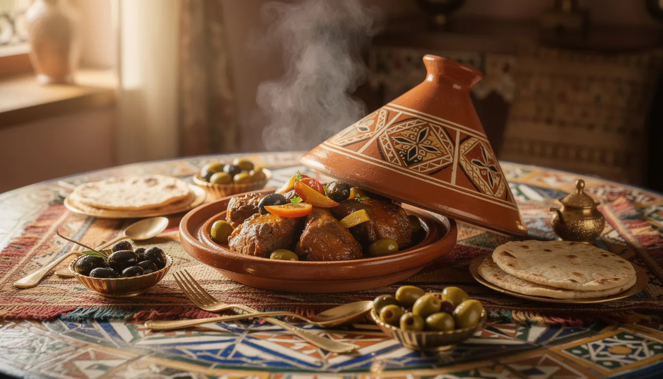 A traditional Moroccan tajine dish, steaming and aromatic, is beautifully presented on a decorated table, showcasing the cultural richness of the region. This inviting meal offers a glimpse into the culinary experiences that Muslim travelers can explore during their journey.