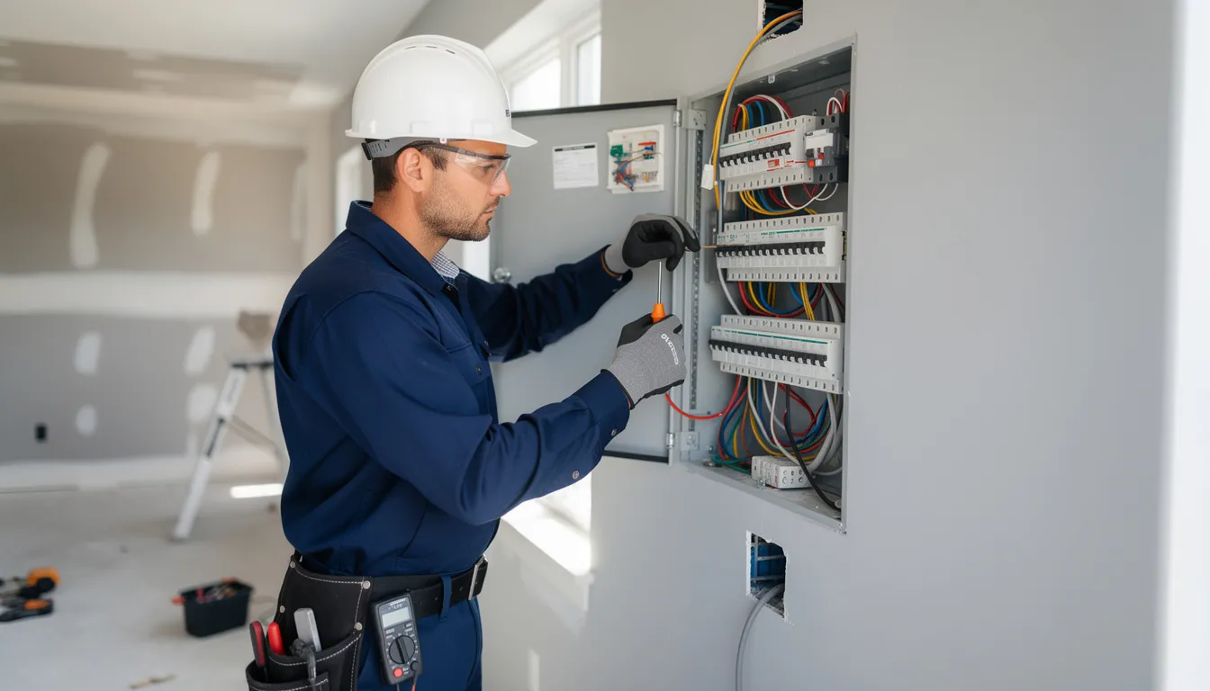 A professional electrician is installing a residential electrical panel, surrounded by tools and wires, ensuring proper connections for efficient energy distribution. This installation is crucial for powering various appliances, including energy-efficient carbon and ceramic heaters commonly used in infrared saunas.
