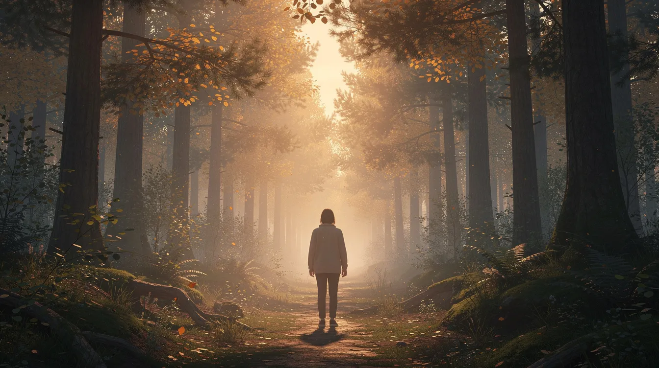 Une personne marche seule sur un sentier forestier, baignée par la lumière douce du lever du soleil, symbolisant le retour à soi et l'importance de l'équilibre entre vie professionnelle et vie personnelle pour le bien-être et la santé mentale. Ce moment de solitude invite à la réflexion sur les enjeux du développement personnel et la nécessité de prendre soin de sa vie privée.