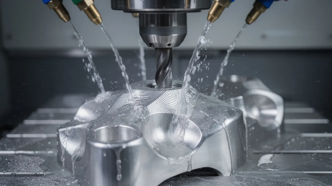 A close-up view of a 5-axis CNC spindle actively machining a complex titanium medical component, with coolant visibly flowing around the cutting area, highlighting the precision and advanced technology used in CNC machining services. This image showcases the capabilities of high precision CNC machines in the medical device manufacturing process.