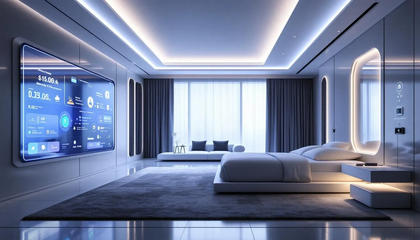A futuristic hotel room features advanced voice-activated payment technology, allowing guests to easily manage their hotel payment methods and access smart devices. The room is designed to enhance guest experience with seamless payment processing options, including digital wallets and traditional payment methods.