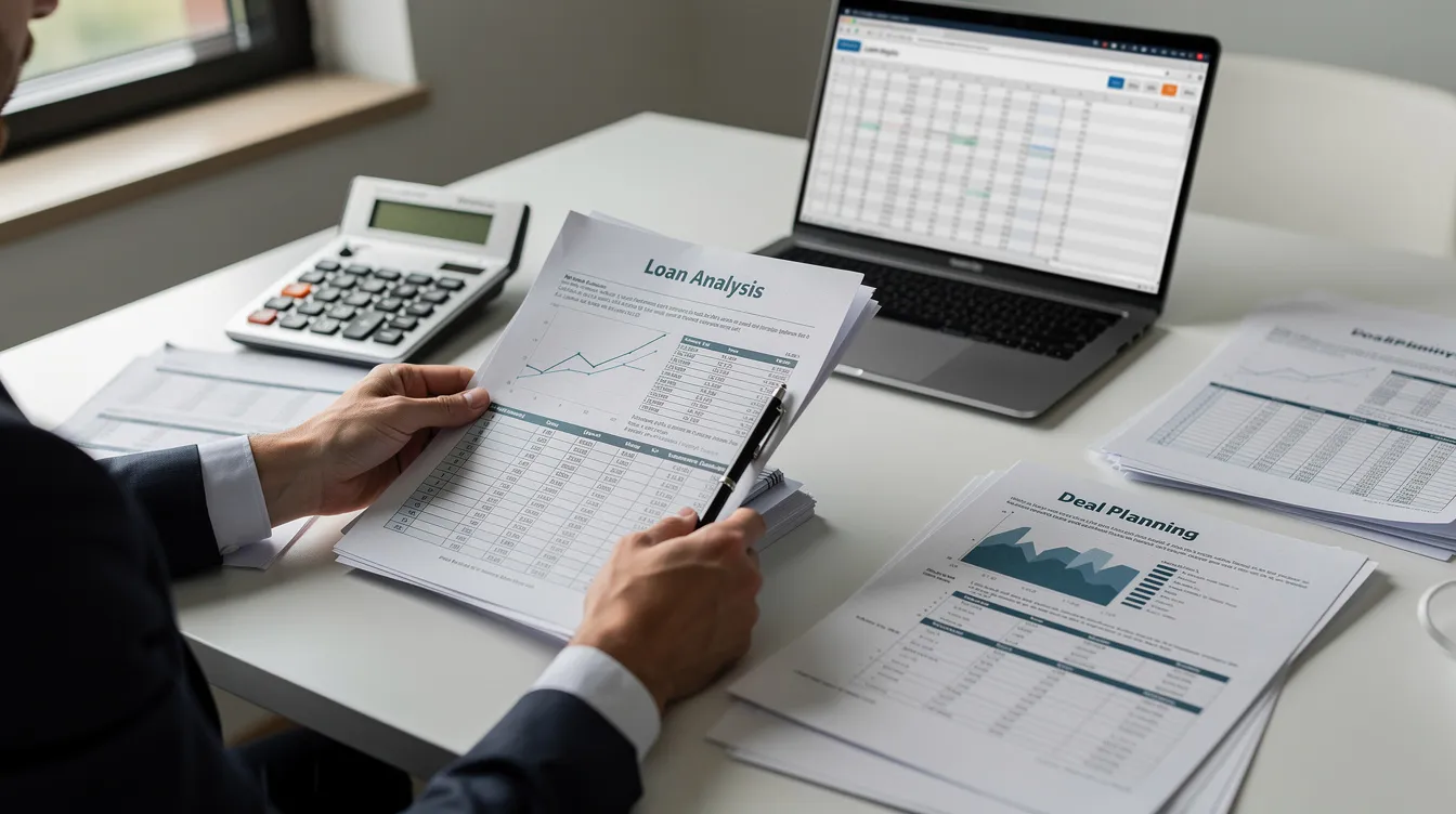 The image shows a person seated at a desk, carefully reviewing financial documents alongside a calculator, illustrating the process of loan analysis and deal planning for a business acquisition. This scene emphasizes the importance of understanding loan terms and financial statements when considering options like hard money loans or traditional bank loans.