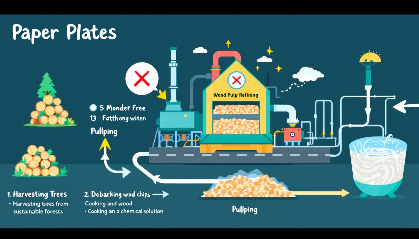 Step-by-step process of making paper plates illustrated with images of the machinery and raw materials involved.