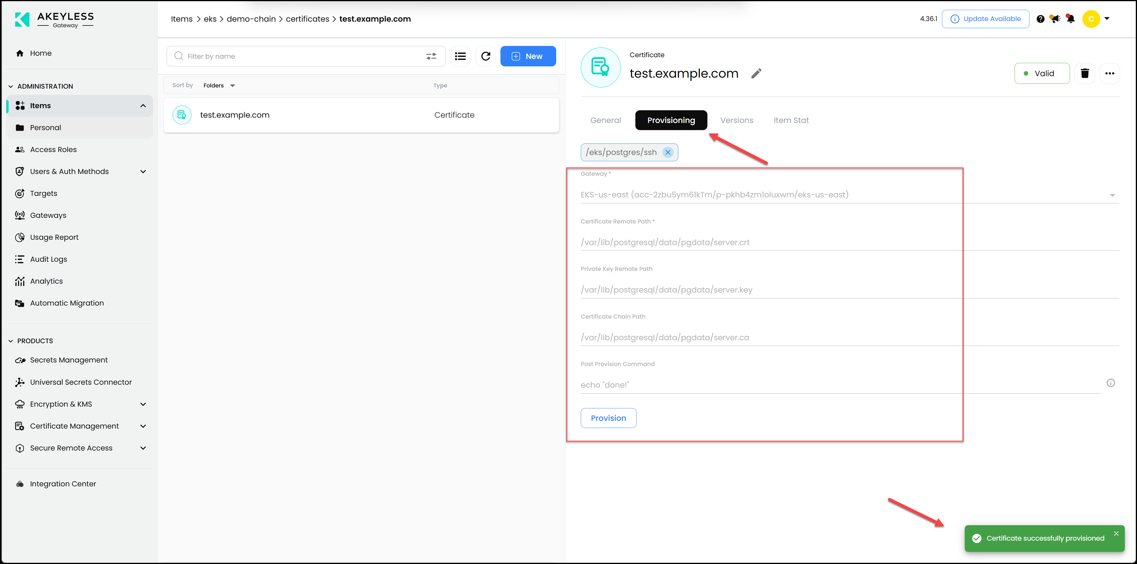 Provisioning a certificate on the PostgreSQL Database.