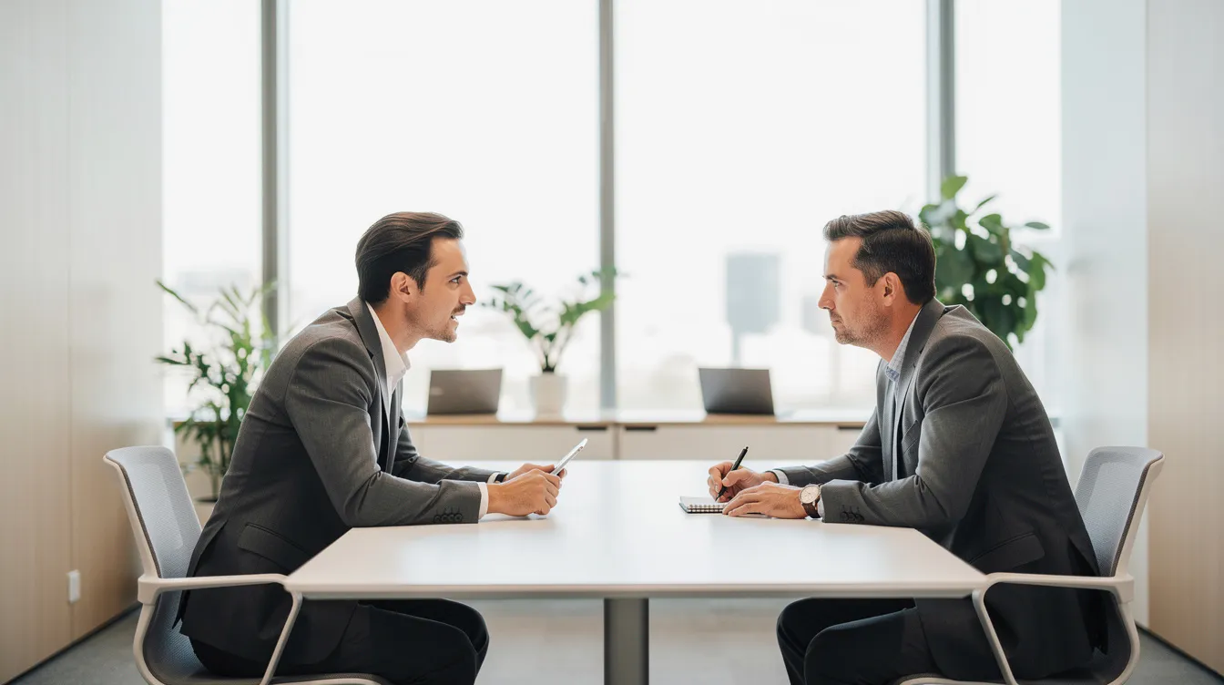 Deux professionnels échangent de manière concentrée dans une salle de réunion lumineuse, illustrant l'importance de la communication et du développement des compétences managériales pour améliorer la performance de l'équipe. Cette interaction met en avant le rôle essentiel du leadership et des compétences interpersonnelles dans le quotidien professionnel.