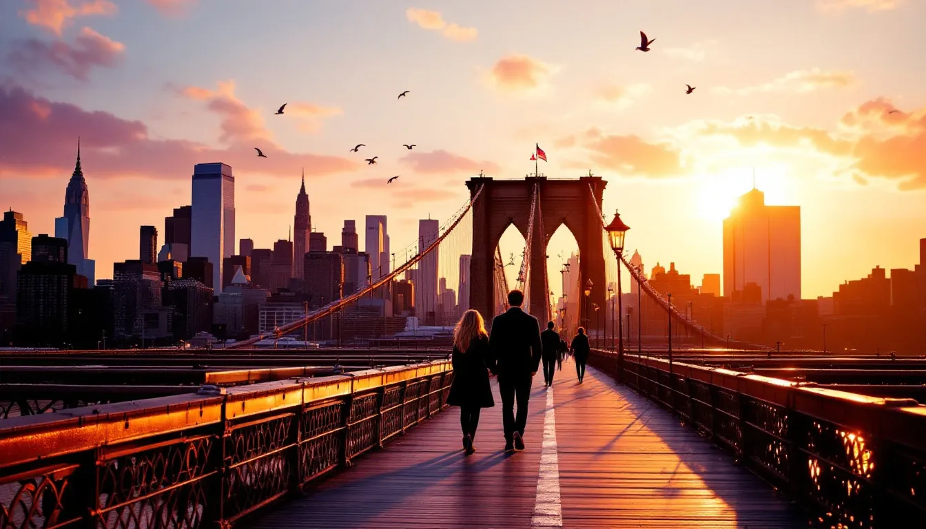 Stunning sunset views from the Brooklyn Bridge, perfect for couples.