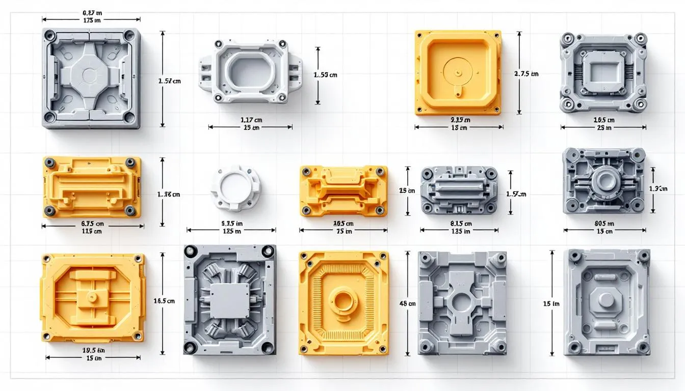 Various types of plastic molds arranged for comparison.