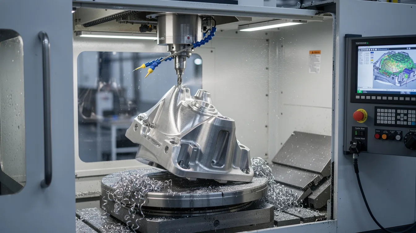 The image depicts a five-axis CNC machining center actively processing a complex titanium aerospace component, showcasing advanced tools used in the product development process. The machine's precision and capability highlight the importance of rapid prototyping tools in creating high fidelity prototypes for aerospace applications.