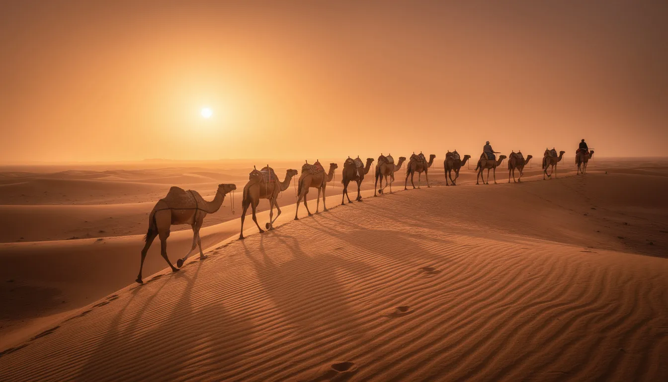 A line of camels gracefully walks across the golden dunes of the Sahara Desert at sunset, creating a stunning silhouette against the vibrant sky. This breathtaking landscape embodies the rich culture and history of Morocco, inviting travelers to explore its vast natural beauty and Islamic heritage.