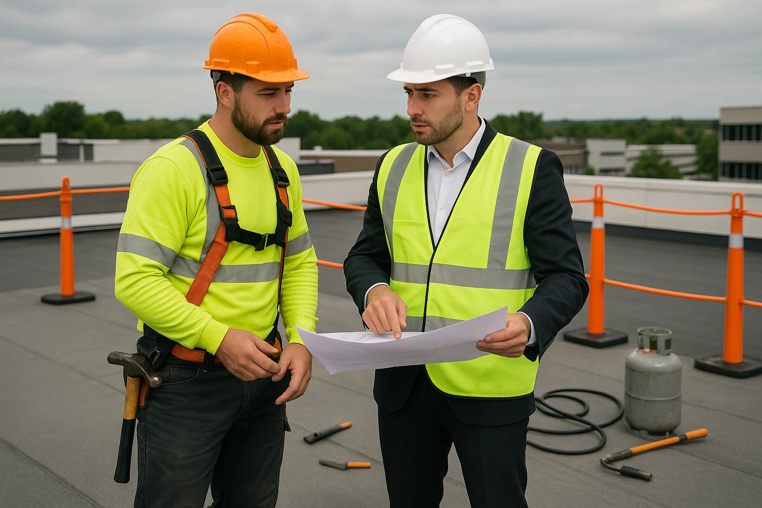 Commercial roofing contractor planning repair work with building manager.