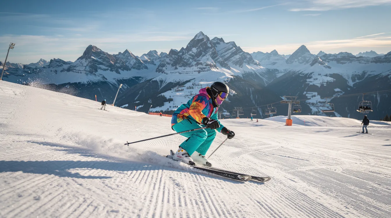 Ein Skifahrer fährt mit Schwung auf einer breiten Piste, während im Hintergrund die majestätischen Berge der bayerischen Alpen zu sehen sind. Diese Szene vermittelt das Gefühl von Freiheit und Abenteuer, ideal für einen Skiurlaub in einem der besten Skigebiete in Deutschland.