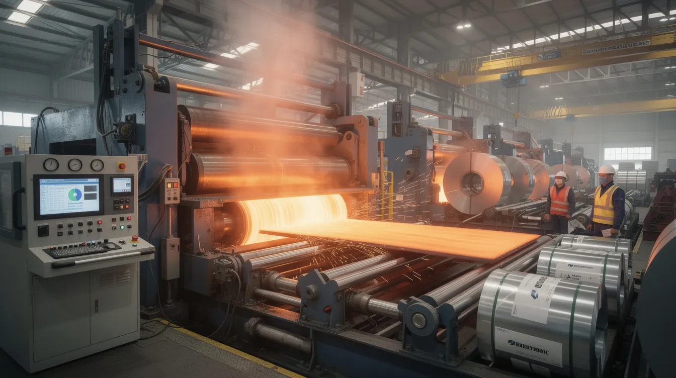 The image depicts a steel sheet rolling machine, showcasing the rolling process where metal sheets are fed through pairs of rollers to achieve uniform thickness and shape. This equipment is essential for manufacturing various rolled shapes, including thicker steel plates and other metal components used in industries like construction and fabrication.