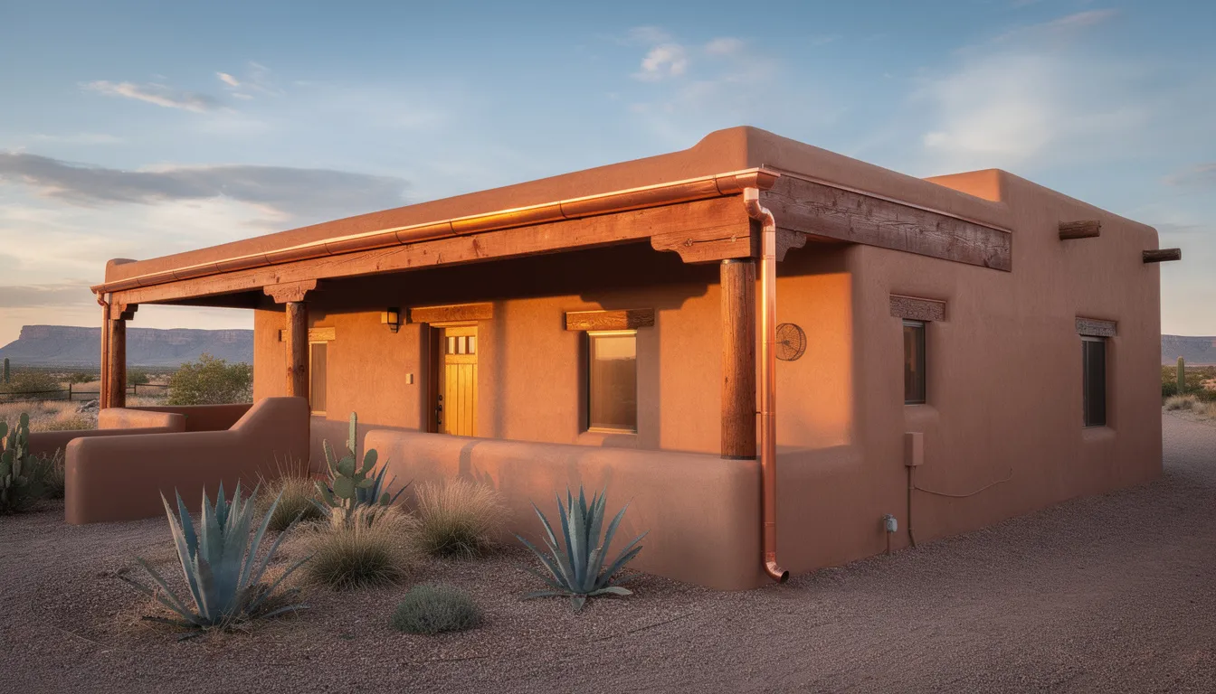 The image depicts a traditional Pueblo-style adobe home featuring elegant copper gutters installed along the roofline, enhancing both the aesthetic appeal and functionality of the gutter system. This professional gutter installation not only adds curb appeal but also protects the property from water damage and debris buildup.