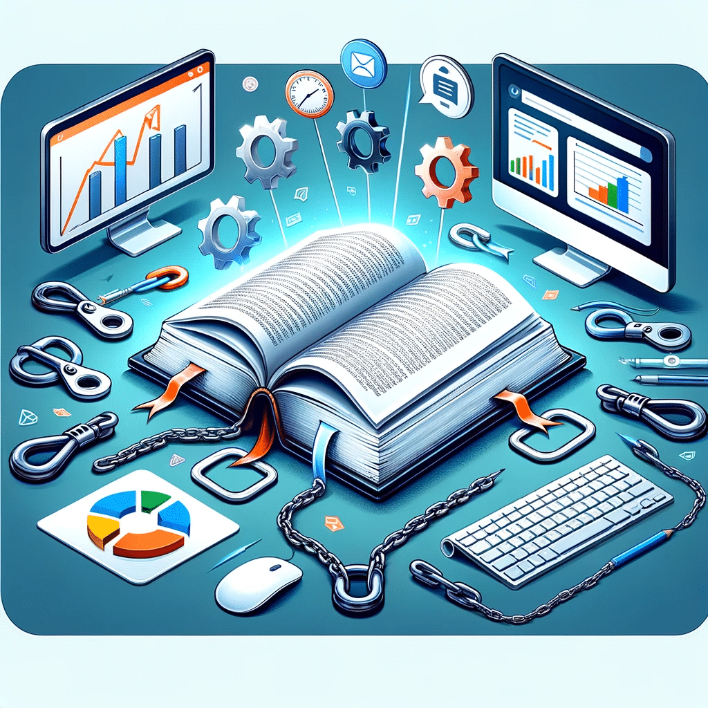 Ilustración con libro abierto y elementos de marketing digital, enfocada en la importancia de las técnicas de backlinks | Posiciona.Digital