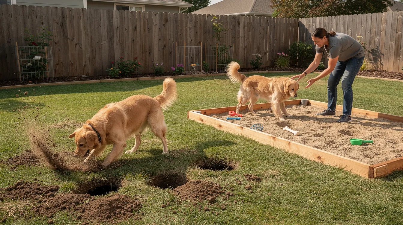The image depicts a dog enthusiastically digging in a yard, creating a hole in the dirt, which illustrates the common digging behavior seen in many dogs. This scene highlights the instinctive behavior of canines, as they often dig for various reasons such as seeking a cool spot or playing.