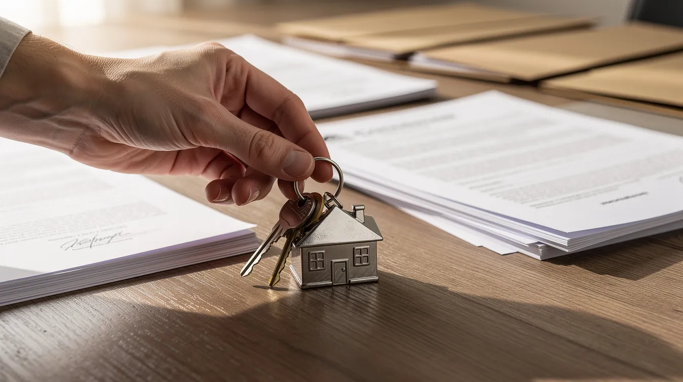 The image depicts a set of house keys being placed on a closing table, surrounded by paperwork related to real estate transactions. This scene symbolizes the final steps in securing hard money loans for purchasing investment property, highlighting the importance of proper documentation in real estate investing.