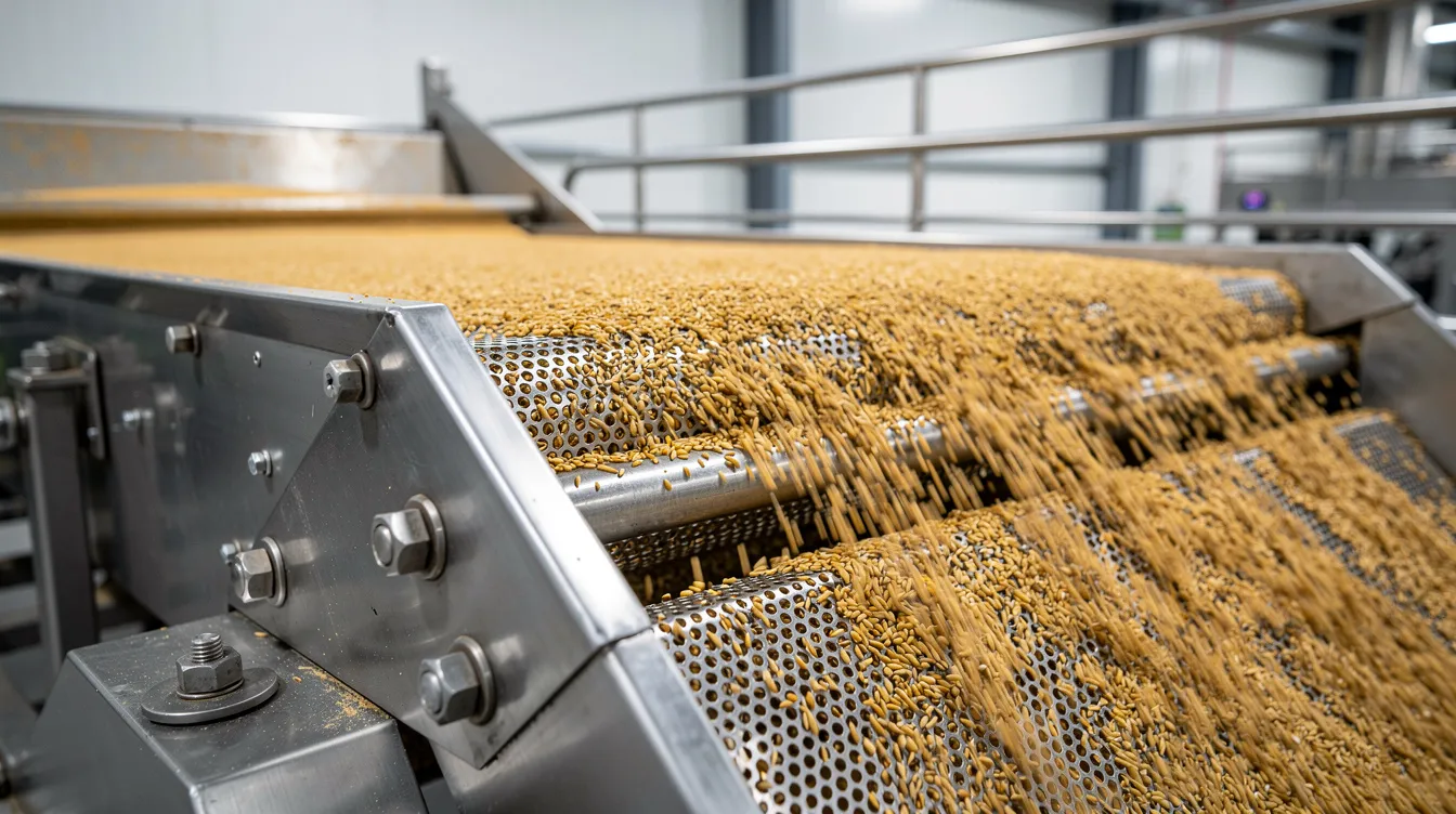 A close-up view of a metal gravity separator machine with a vibrating deck is shown, actively processing food grains in a pulse processing plant. This cleaning machine effectively removes foreign materials and damaged grains, showcasing its high performance and operational efficiency in seed processing.
