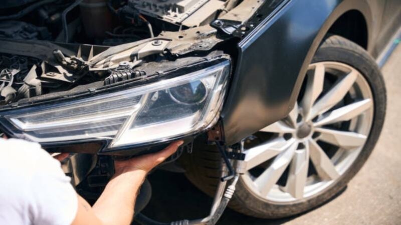 Headights of a car with burn-out bulb.