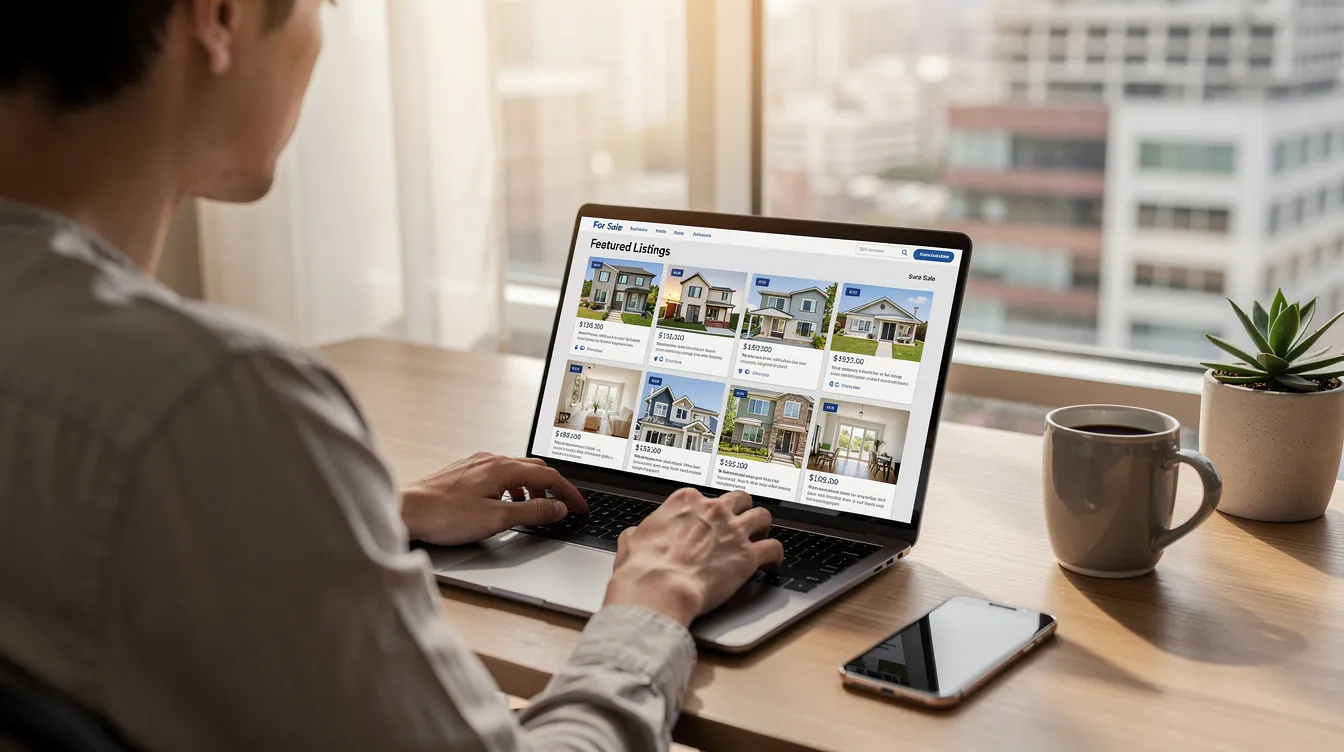 A person is sitting at a desk, browsing real estate listings on their computer, using various real estate websites to explore active listings and property data. They are likely searching for homes through an IDX website, utilizing tools that connect them with real estate professionals and agents to find the best options available.