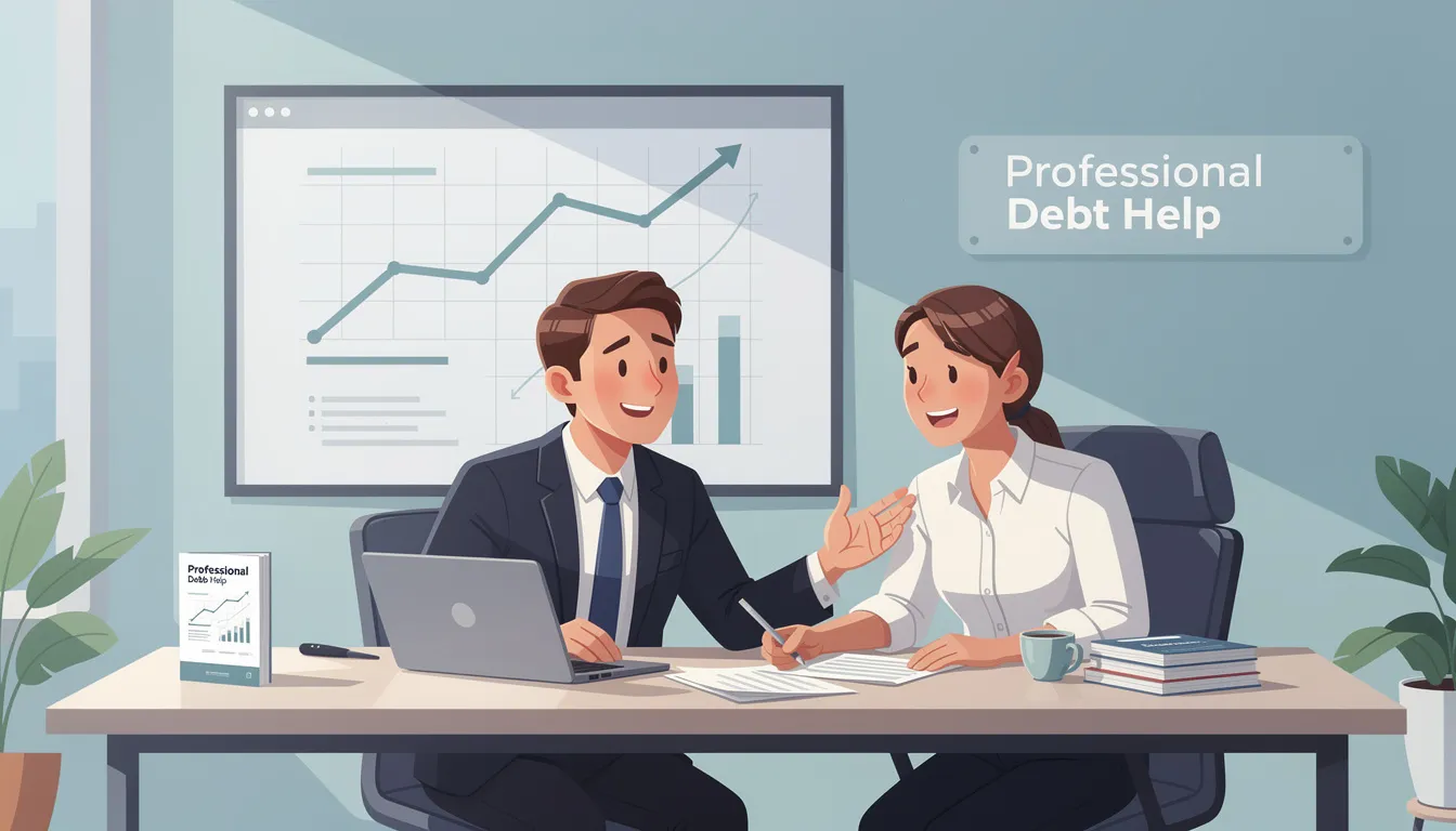 The image depicts a professional debt help consultant sitting at a desk, discussing financial options with a client who appears concerned about their multiple unsecured debts. The consultant is explaining various debt management solutions, such as debt consolidation plans and repayment schemes, to help the client achieve financial freedom.