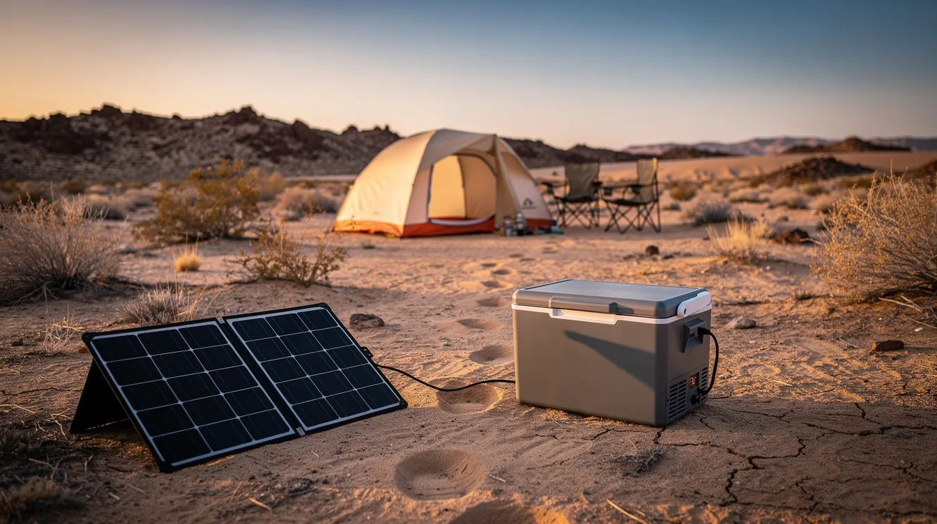 A portable fridge is plugged into a solar panel at a remote desert campsite, with a tent set up in the background. This energy-efficient unit is designed to keep beverages cold, making it ideal for camping trips and longer adventures in the outdoors.