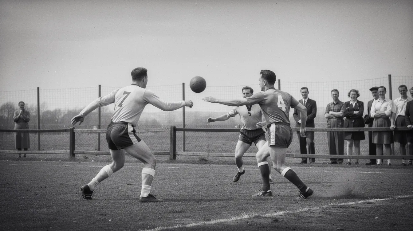 Die historische Szene zeigt ein Feldhandballspiel aus den 1950er-Jahren, in dem Spieler in kurzen Hosen und hellen Trikots auf einem Rasenfeld gegeneinander antreten. Die Schwarz-Weiß-Atmosphäre unterstreicht die sportliche Dynamik und den Spielzug der Handballlegenden, die mit Sprungkraft und Ballannahme um den Sieg kämpfen.