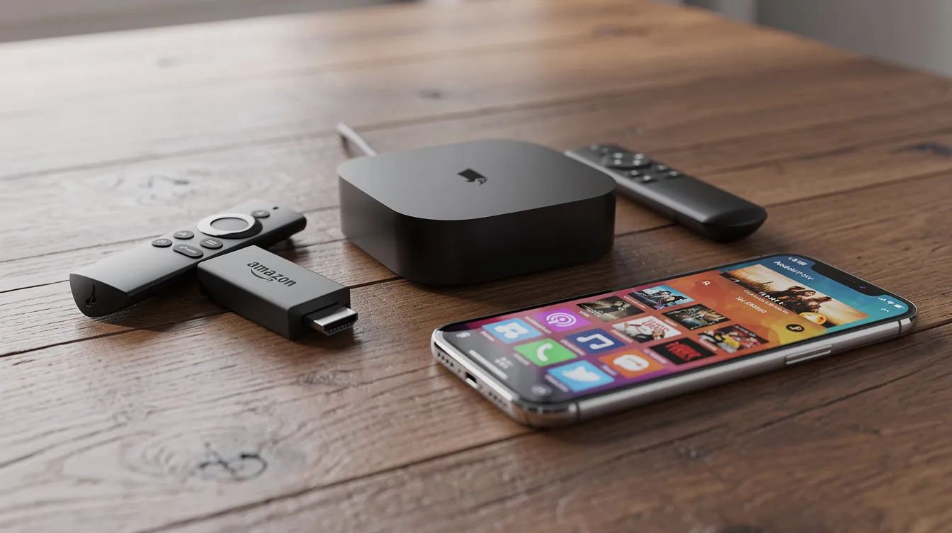 The image shows a variety of streaming devices, including a Firestick, an Android TV box, and a smartphone, all neatly arranged on a wooden table, showcasing options for accessing IPTV services and live TV channels. This setup highlights the multi-device support and streaming capabilities available for users looking to enjoy high-quality streaming experiences.